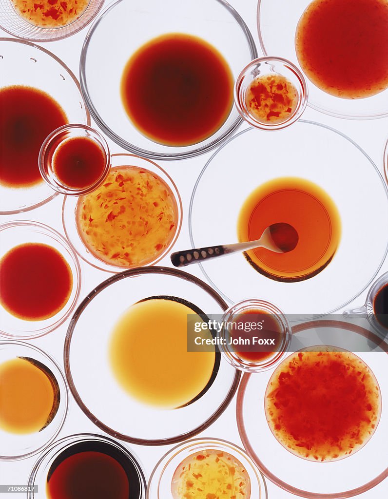 Cooking oil and savory sauce in bowl on white background, directly above