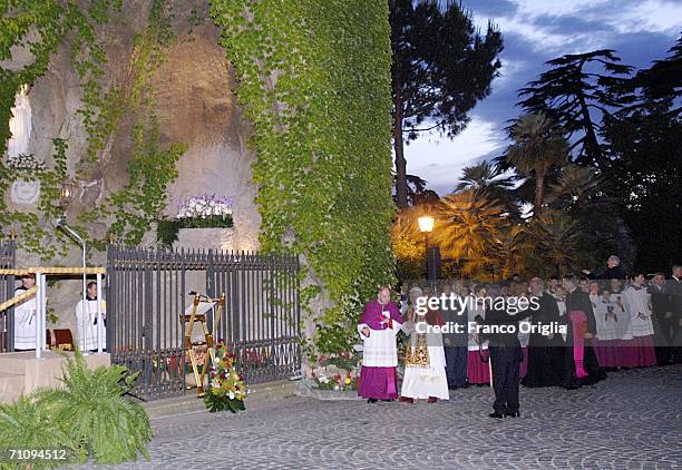 Pope Benedict XVI attends the Month of Mary closing ceremony at the grotto of Lourdes inside the Vatican Gardens on May 31, 2006 in Vatican City,...
