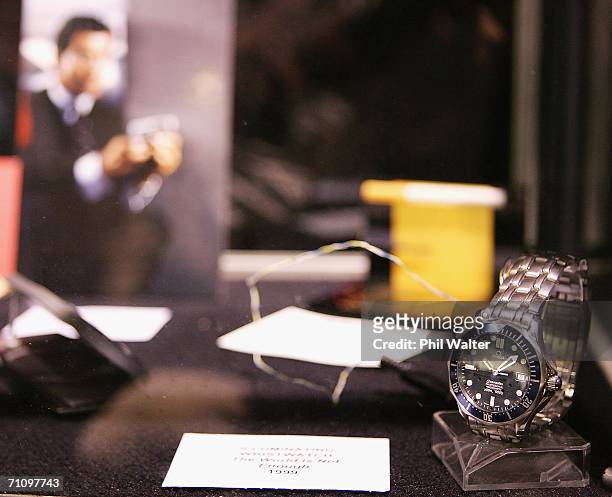 The Omega watch warn by James Bond in the 1999 film "The World Is Not Enough" is seen in an exhibition of James Bond boats and gadgets at the New...
