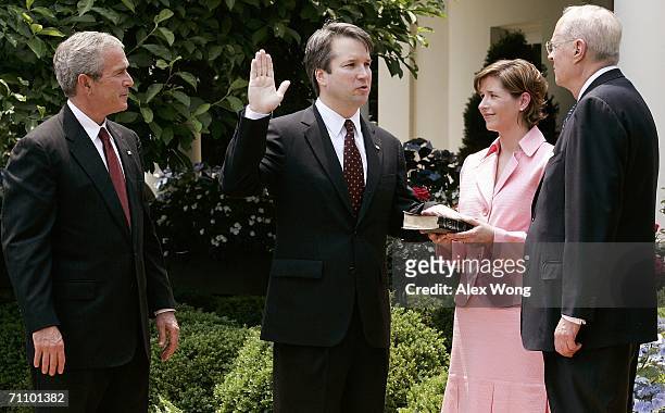 Brett Kavanaugh is sworn in by Supreme Court Justice Anthony Kennedy to be a judge to the U.S. Circuit Court of Appeals for the District of Columbia...