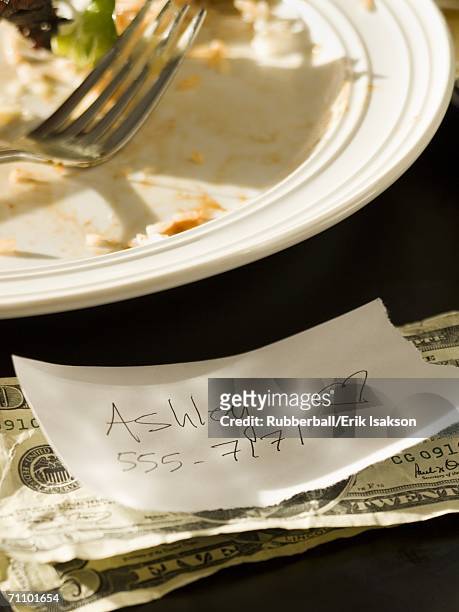 close-up of a fork in a plate with a hand written paper note over american dollar bills - phone number stock pictures, royalty-free photos & images