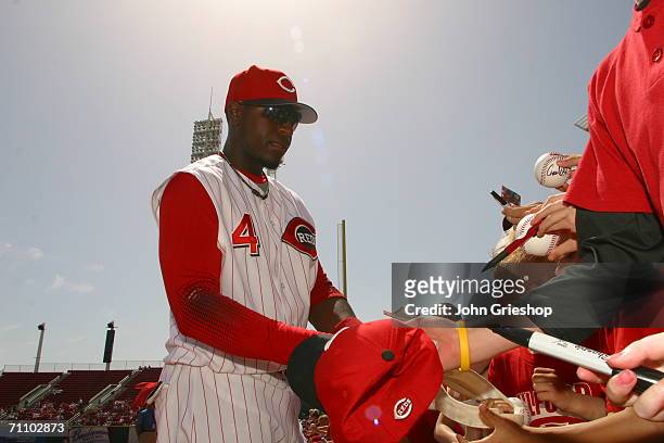 Brandon Phillips of the Cincinnati Reds greets fans during the game against the Florida Marlins at Great American Ball Park in Cincinnati, Ohio on...