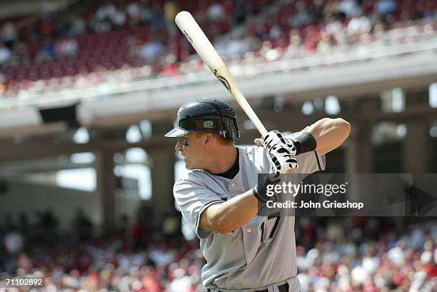 Mike Jacobs of the Florida Marlins prepares to swing during the game against the Cincinnati Reds at Great American Ball Park in Cincinnati, Ohio on...