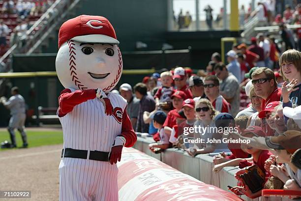 Gapper of the Cincinnati Reds greets fans during the game against the Florida Marlins at Great American Ball Park in Cincinnati, Ohio on April 19,...