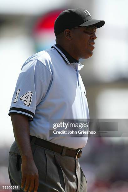 Umpire Chuck Meriwether stands during the game between the Cincinnati Reds and the Florida Marlins at Great American Ball Park in Cincinnati, Ohio on...