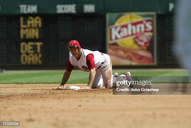 Ryan Freel of the Cincinnati Reds kneels behind second during the game against the Florida Marlins at Great American Ball Park in Cincinnati, Ohio on...