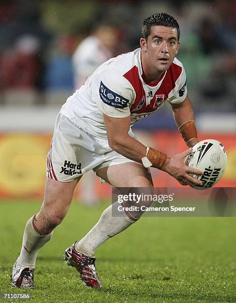 Aaron Gorrell of the Dragons looks to pass during the round 13 NRL match between the St George Illawarra Dragons and the Parramatta Eels at OKI...