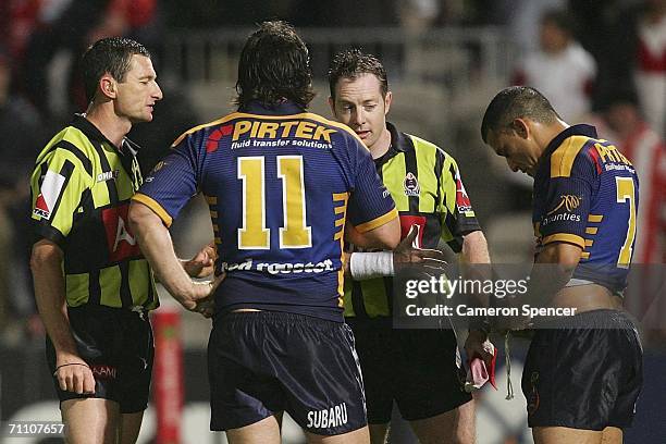 Referee Sean Hampstead talks to Jeremy Smith of the Eels during the round 13 NRL match between the St George Illawarra Dragons and the Parramatta...