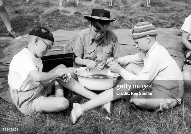 Three boy scouts from the Kent County Troops peel potatoes in the grounds of Knole Park, Kent during a jamboree of 700 scouts, 18th August 1960. From...