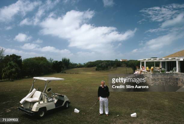 Allan Charlesworth, owner and founder of the Green Turtle Yacht Club, on his private golf course on the Abaco Islands of the Bahamas, March 1986.