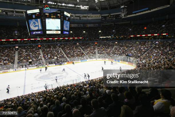 General view of the fans watching the game between the Los Angeles Kings and Vancouver Canucks in the GM Place Arena taken on March 28, 2006 in...