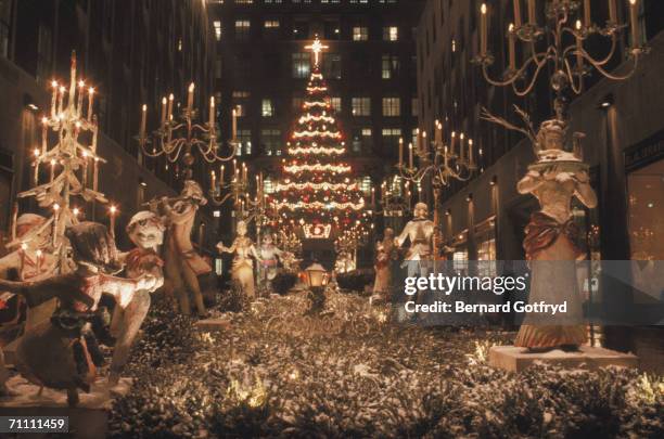 View of the Christmas tree and decorations at Rockefeller Center in Manhattan, New York, New York, December 1987.