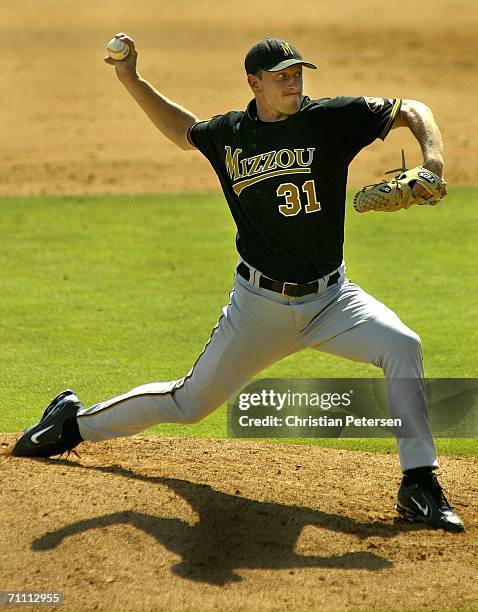 Starting pitcher Max Scherzer of the Missouri Tigers pitches against the Pepperdine Waves during the NCAA college baseball regional game held on June...