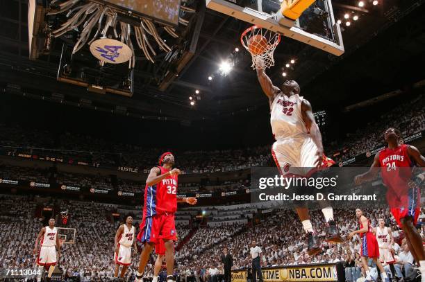 Shaquille O'Neal of the Miami Heat shoots against the Detroit Pistons in game six of the Eastern Conference Finals during the 2006 NBA Playoffs at...