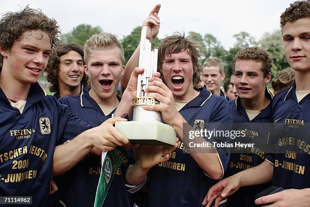 Munich players celebrate winning the B Juniors Championship Final between Borussia Dortmund and TSV 1860 Munich at the Jahn Stadium on June 3, 2006...