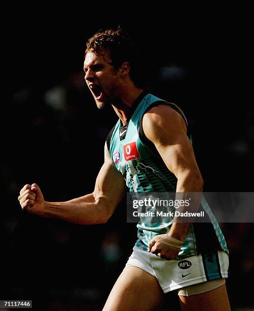 Jacob Surjan of the Power celebrates a goal during the round 10 AFL match between the Carlton Blues and the Port Adelaide Power at the Telstra Dome...