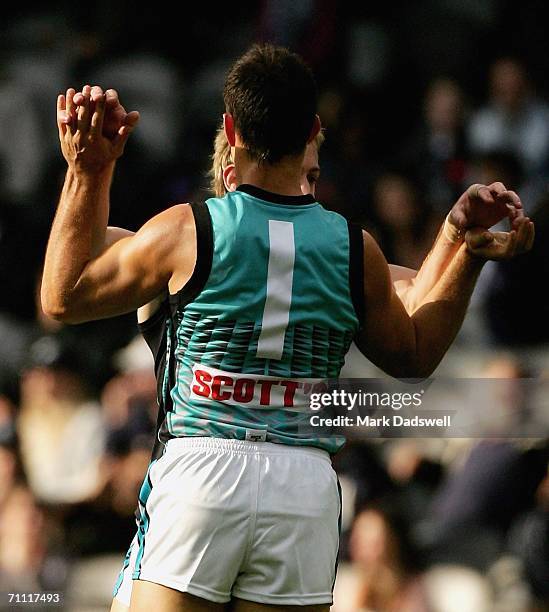 Brett Ebert and Warren Tredrea of the Power celebrate a goal during the round 10 AFL match between the Carlton Blues and the Port Adelaide Power at...