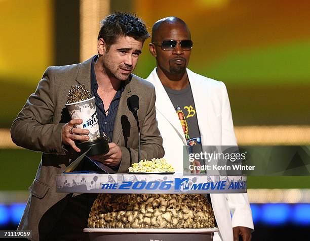 Actors Colin Farrell and Jamie Foxx present the" Best Fight Award" onstage at the 2006 MTV Movie Awards at Sony Pictures Studio on June 3,2006 in...