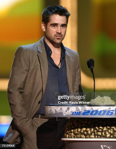 Actor Colin Farrell presents the" Best Fight Award" onstage at the 2006 MTV Movie Awards at Sony Pictures Studio on June 3,2006 in Culver City,...