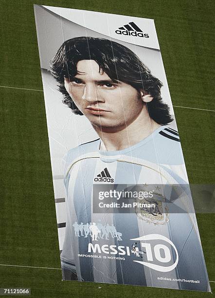 By 15 metre big poster of Lionel Messi of Argentina is diplayed at the World of Sports Stadium on June 4, 2006 in Herzogenaurach, Germany