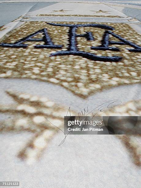 The signature of Lionel Mess of Argentina is seen on a huge poster of himself at the World of Sports Stadium on June 4, 2006 in Herzogenaurach,...