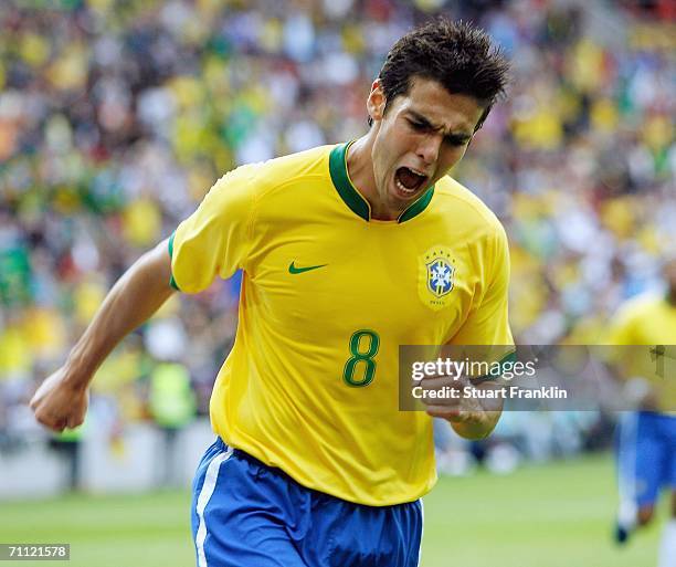 Kaka of Brazil celebrates scoring his goal during the international friendly match between Brazil and New Zealand at the Stadium de Geneva on June 4,...