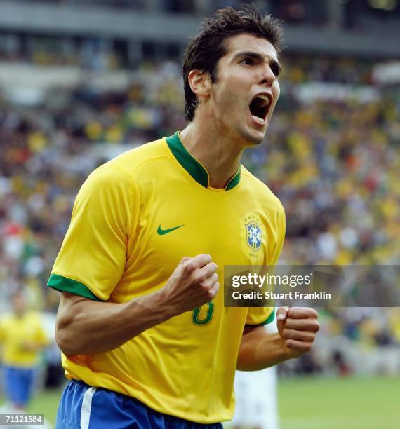 Kaka of Brazil celebrates scoring his goal during the international friendly match between Brazil and New Zealand at the Stadium de Geneva on June 4,...