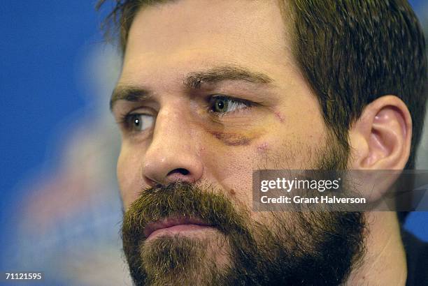 Doug Weight of the Carolina Hurricanes listens during an NHL Stanley Cup media availability session at the Marriott Crabtree hotel June 4, 2006 in...