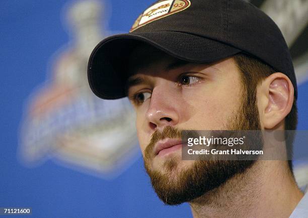 Goalie Cam Ward of the Carolina Hurricanes listens during an NHL Stanley Cup media availability session at the Marriott Crabtree hotel June 4, 2006...