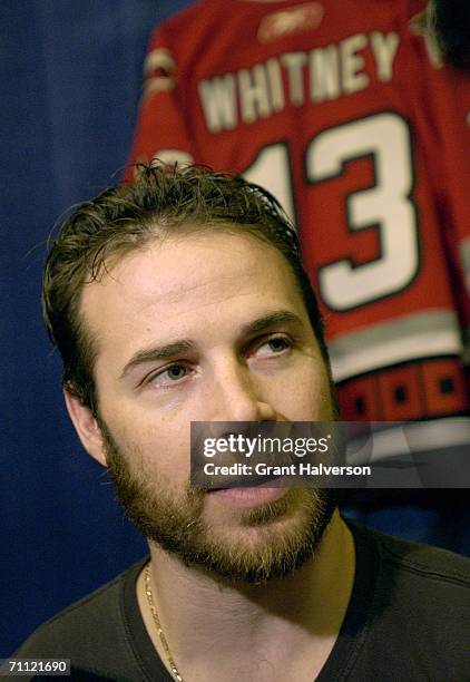Ray Whitney of the Carolina Hurricanes answers questions during a NHL Stanley Cup media availability session at the Marriott Crabtree hotel June 4,...
