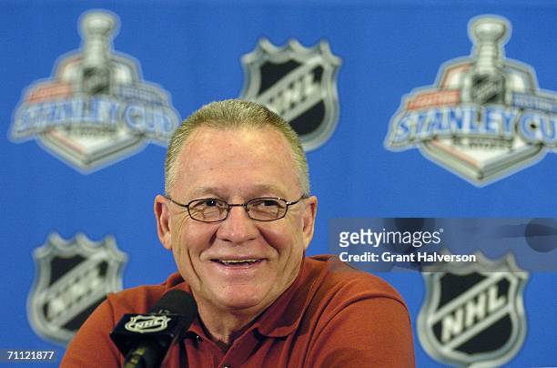 President and general manager Jim Rutherford of the Carolina Hurricanes answers questions during a NHL Stanley Cup media availability session at the...