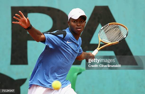 Donald Young of the United States in action against Ricardo Urzua-Rivera of Chile during a boys junior match on day nine of the French Open at Roland...