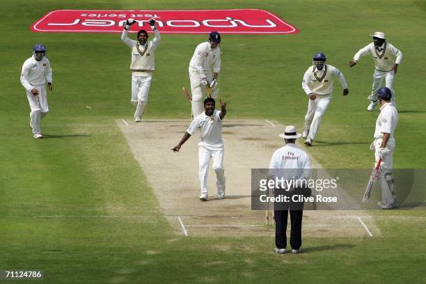 Muttiah Muralitharan of Sri Lanka appeals succesfully for the wicket of Marcus Trescothick during day four of the third npower test match between...