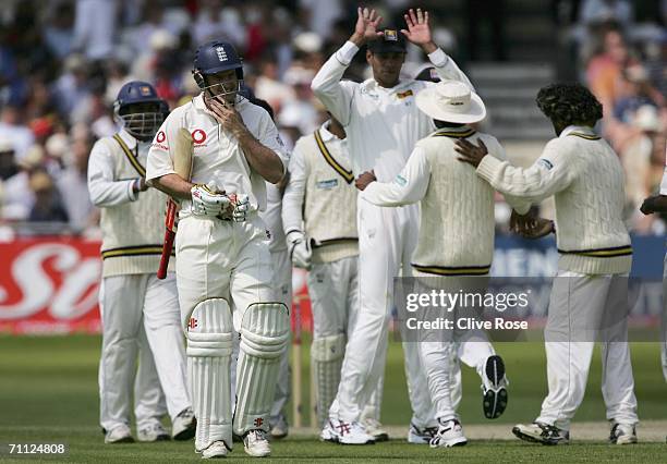 Andrew Strauss of England looks dejected as he walks off after being dismissed during day four of the third npower test match between England and Sri...