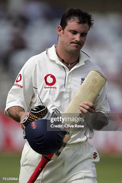 Andrew Strauss of England looks frustrated as he walks off after being dismissed during day four of the third npower test match between England and...