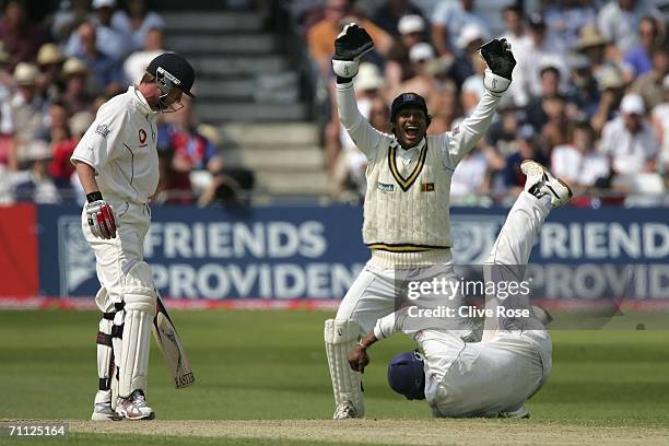 Paul Collingwood of England is caught at silly point during day four of the third npower test match between England and Sri Lanka at Trent Bridge, on...