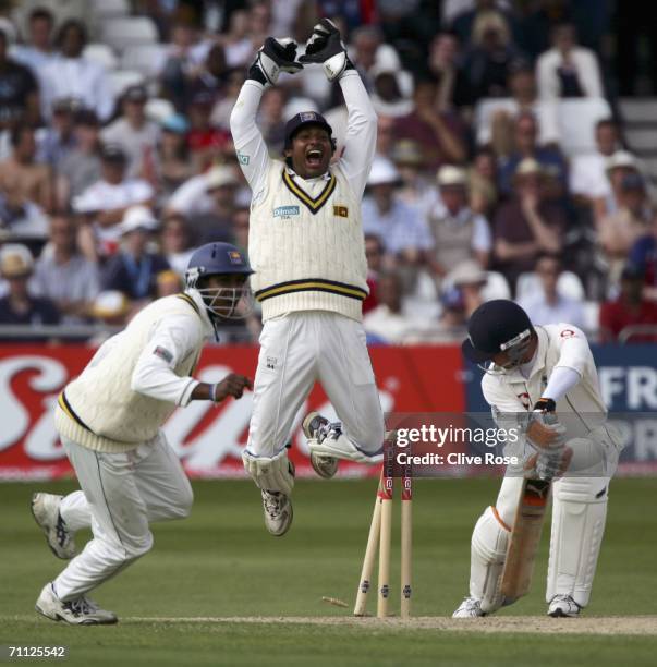 Kumar Sangakkara of Sri Lanka celebrates the wicket of Geraint Jones during day four of the third npower test match between England and Sri Lanka at...