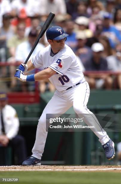 Michael Young of the Texas Rangers bats during the game against the Tampa Bay Devil Rays at Ameriquest Field in Arlington in Arlington, Texas on...