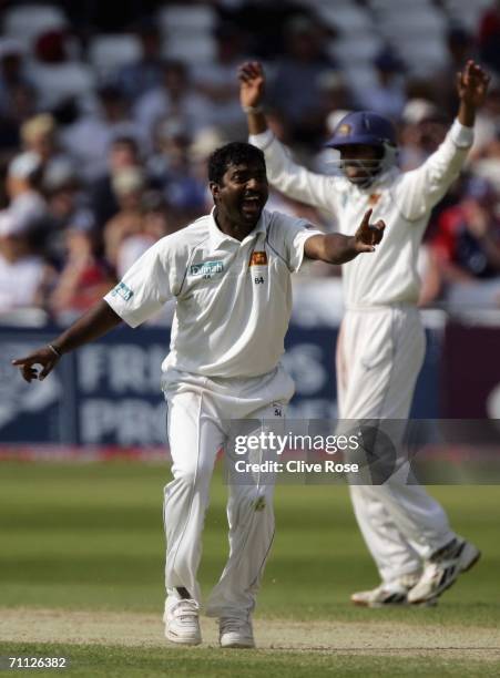 Muttiah Muralitharan of Sri Lanka appeals succesfully for the wicket of Liam Plunkett during day four of the third npower test match between England...