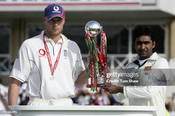 Captains Andrew Flintoff of England and Mahela Jayawardene of Sri Lanka share the trophy during day four of the third npower Test Match between...