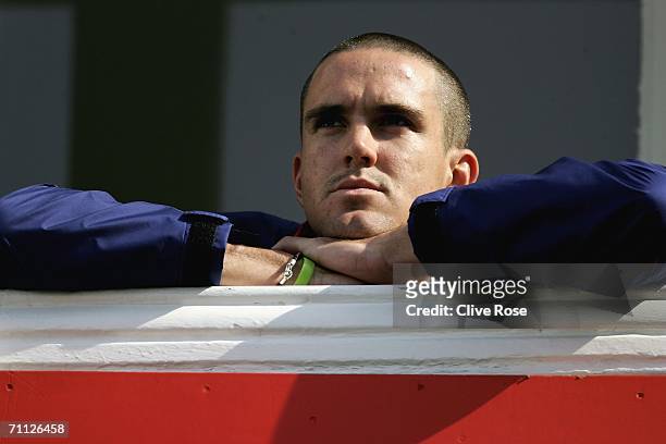 Kevin Pietersen looks on from the balcony after being dismissed during day four of the third npower test match between England and Sri Lanka at Trent...