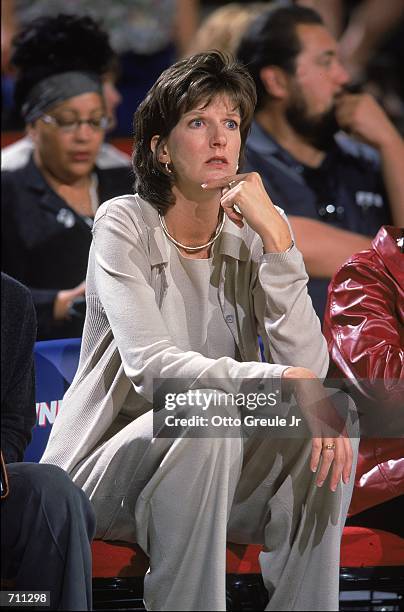 Coach Anne Donovan of the Indiana Fever watches the action during a game against the Seattle Storm at the Key Arena in Seattle, Washington. The Storm...