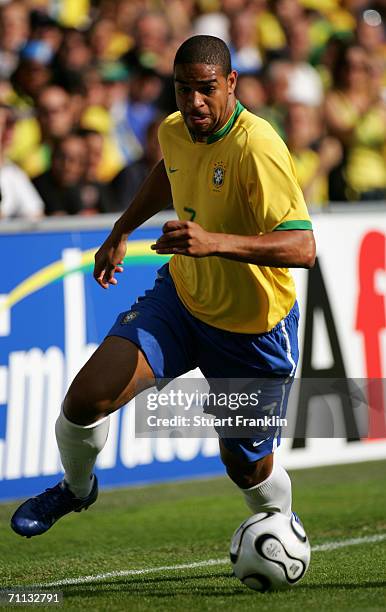 Adriano of Brazil in action during the international friendly match between Brazil and New Zealand at the Stadium de Geneva on June 4, 2006 in...