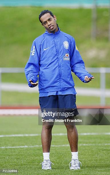 Ronaldinho of Brazil looks on during the training session of the Brazilian National Team for the FIFA World Cup 2006 on June 6, 2006 in Konigstein,...