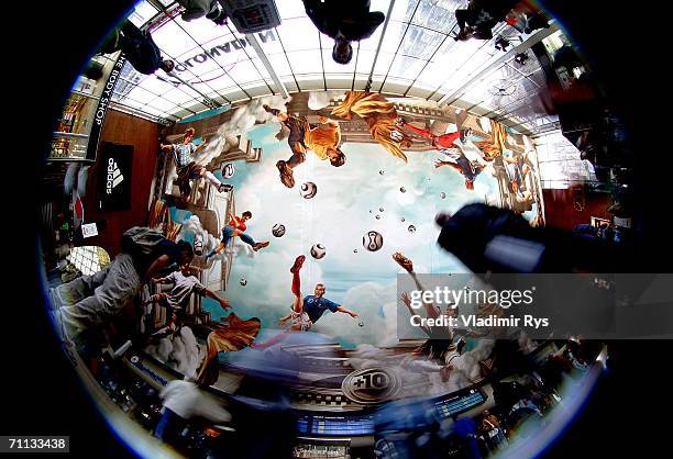 General view of the entrance hall is seen during the presentation of a huge 800 square meter World Cup themed adidas poster at the entrance hall of...