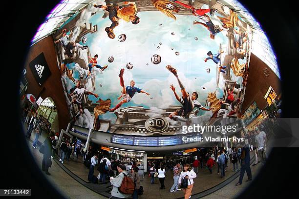 General view of the entrance hall is seen during the presentation of a huge 800 square meter World Cup themed adidas poster at the entrance hall of...