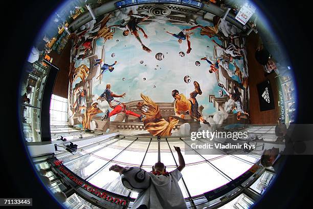 General view of the entrance hall is seen during the presentation of a huge 800 square meter World Cup themed adidas poster at the entrance hall of...