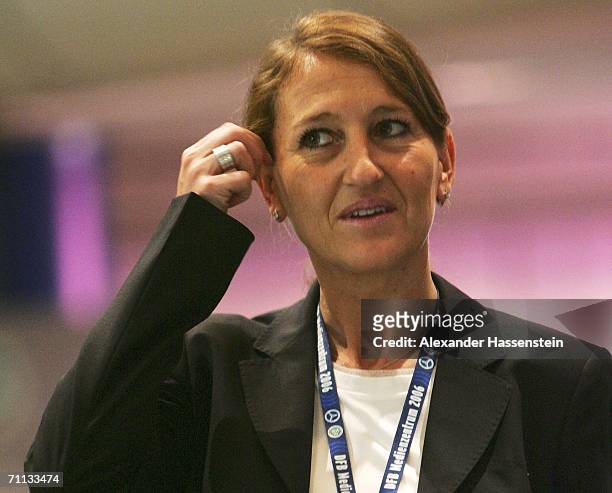 Heike Dahl, assistent of the German Team Manager Oliver Bierhoff, looks on after the press conference of German National Football Team on June 6,...