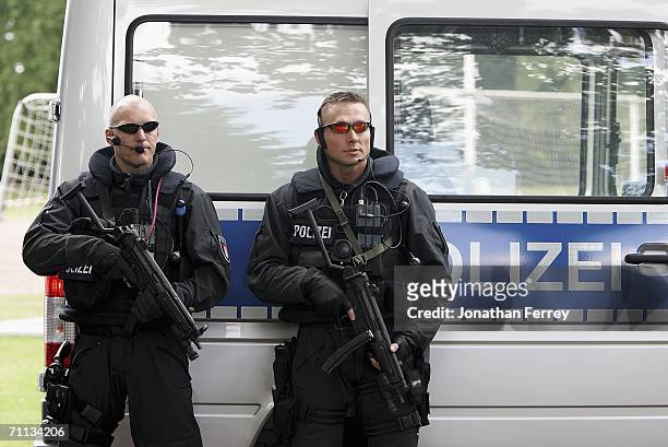The German police guard the transport bus for the United States National Team after a training session on June 6, 2006 at Edmund Plambeck Stadium in...