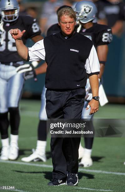 Head Coach Jon Gruden of the Oakland Raiders gestures during the game against the Detroit Lions at the Network Associates Coliseum in Oakland,...